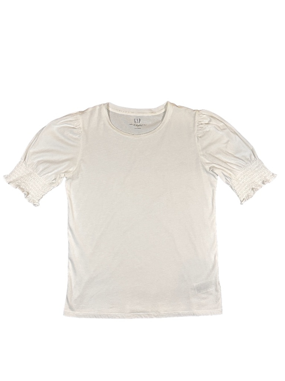 Gap White Puff Sleeve Smocked Cuff Top 100% Organic Cotton Crew Neck Size S